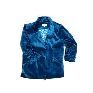 Skies Are Blue Teal Velvet Blazer Ruched 3/4 Sleeve Women’s Large Career Office